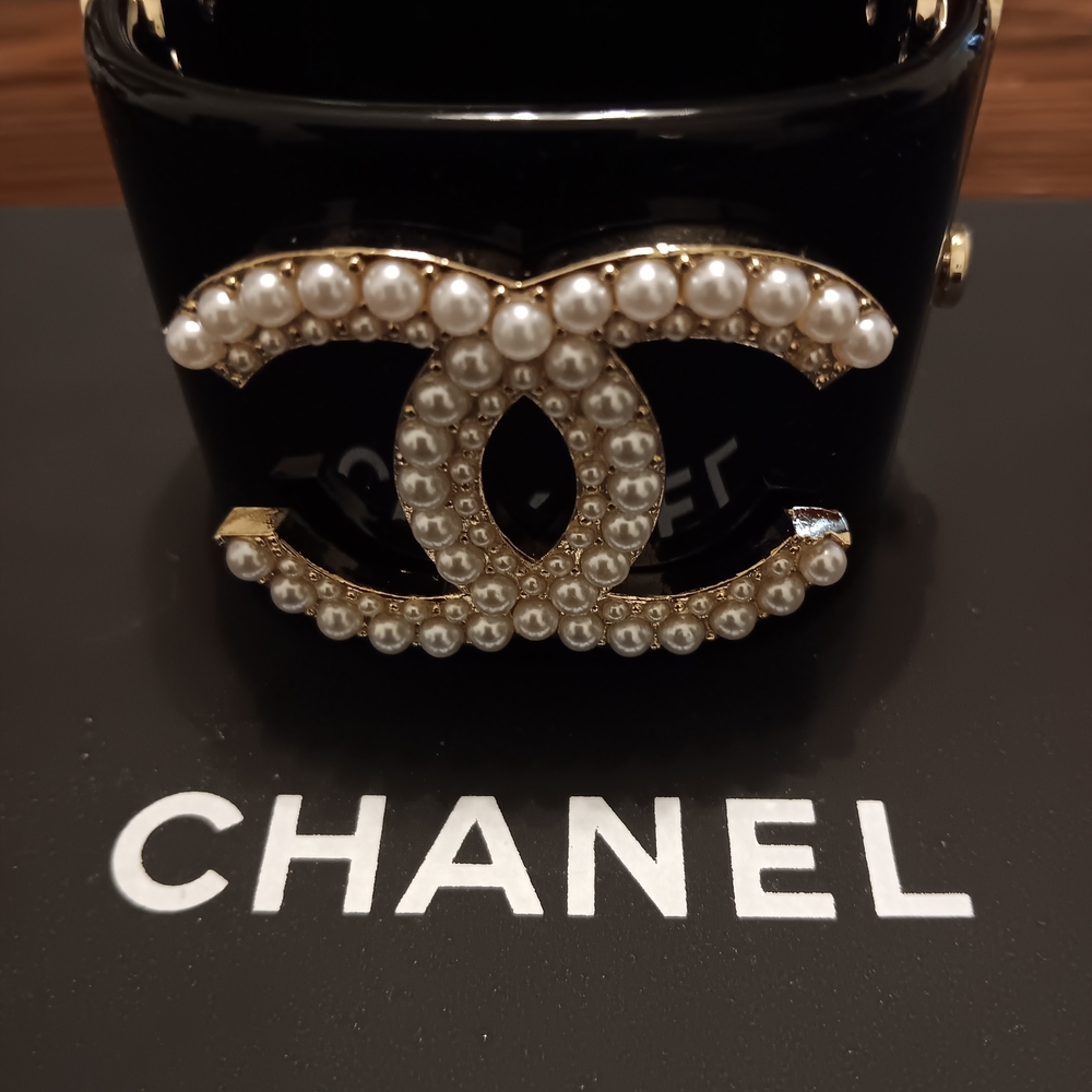 Chanel Black Cuff with Pearl Logo